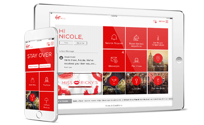 The Virgin Hotels app displayed on an iPad and iPhone.