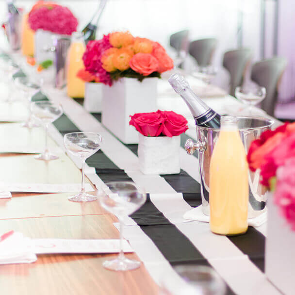Table setup with flowers for private event in downtown Chicago