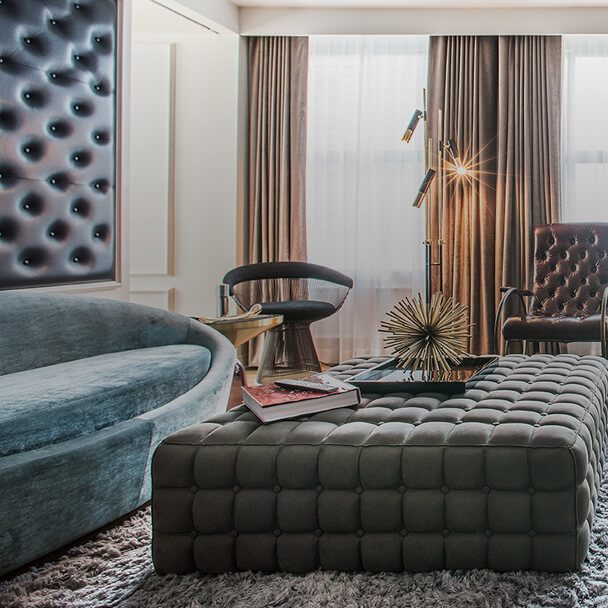 The couch and oversized ottoman in one of our Chicago rooms.